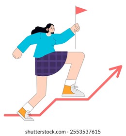 Young businesswoman climbs a growth chart towards success, flag in hand symbolizing achievement and goals. Vector illustration.