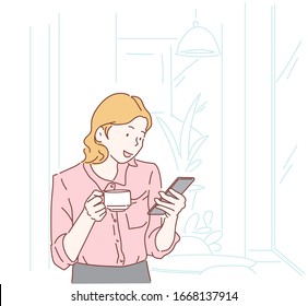 Young businesswoman in the coffee shop, she using mobile phone and drinking coffee. Hand drawn in thin line style, vector illustrations.