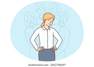 Young businesswoman with colleagues shadows behind back. Confident successful female leader or boss show leadership. Employment concept. Vector illustration.