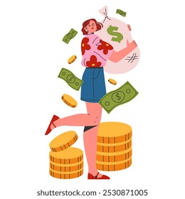 Young businesswoman concept. Confident entrepreneur holding a large money bag amidst floating bills. Financial success and wealth accumulation. Vector illustration.