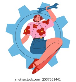 Conceito de jovem empresária. Profissional feminina confiante segura uma chave inglesa, simbolizando a mentalidade orientada por soluções em meio a engrenagens corporativas. Ilustração vetorial.