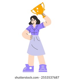 Young businesswoman concept. A confident woman stands proudly holding a trophy aloft, symbolizing success and achievement in her career. Vector illustration.