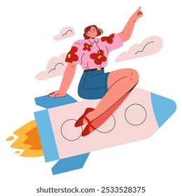 Young businesswoman concept. Dynamic female entrepreneur soaring on a pencil-shaped rocket, pointing towards success. Business growth metaphor. Vector illustration.