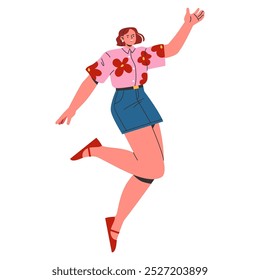 Young Businesswoman concept. Dynamic illustration of a cheerful female professional celebrating success with gesturing enthusiasm. Vector illustration.