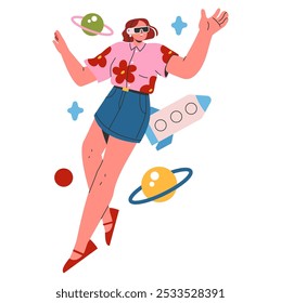 Young businesswoman concept. Dynamic illustration capturing the ambitious spirit of a woman with space elements. Career dreams and goals. Vector illustration.