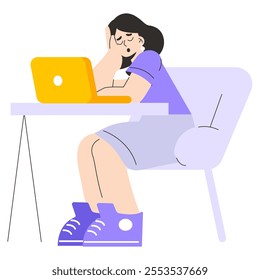 Young businesswoman concept. A female entrepreneur exhibits fatigue after long hours of work, resting her head on her hand. Overwork and stress in professional life. Vector illustration.