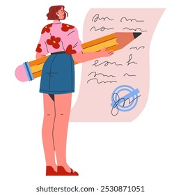 Concepto de joven empresaria. Profesional femenina con un lápiz gigante preparándose para firmar documentos. Desarrollo profesional y empoderamiento. Ilustración vectorial.