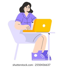 Young businesswoman concept. A focused professional working on her laptop while seated at a modern desk. Productivity in a casual office setting. Vector illustration.