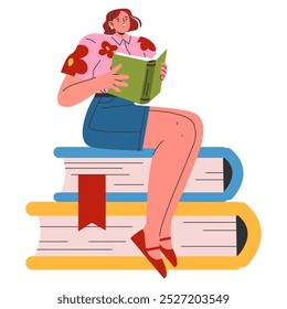 Young businesswoman concept. A professional female reading a book atop a stack of giant books, symbolizing continuous learning. Vector illustration.