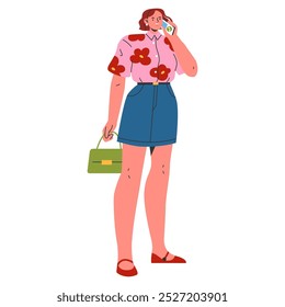 Conceito de jovem empresária. Profissional feminino conversando em um smartphone, vestido em trajes casuais com uma bolsa elegante. Comunicação moderna na vida cotidiana. Ilustração vetorial.