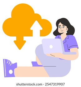 Young businesswoman concept. Professional female with laptop engages in cloud computing. Technology in everyday work life. Vector illustration.
