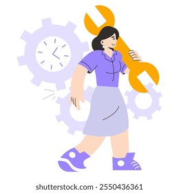 Conceito de jovem empresária. Personagem feminino profissional com chave de ajuste engrenagens. Temas de gerenciamento de tempo, solução de problemas e produtividade. Ilustração vetorial.