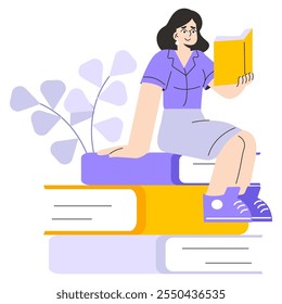 Conceito de jovem empresária. Uma figura feminina profissional sentada em uma pilha de livros, imersa na leitura. Aprendizagem ao longo da vida e crescimento do conhecimento. Ilustração vetorial.