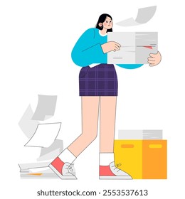 Young Businesswoman concept. Professional woman multitasking with paperwork, facing workplace challenges. Modern office scenario. Vector illustration.