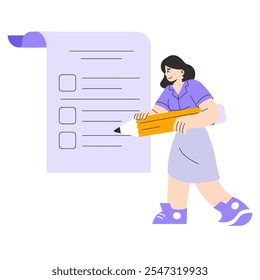 Concepto de joven empresaria. Una mujer con atuendo profesional sostiene un lápiz de gran tamaño en una lista de verificación. Planificación de proyectos y gestión de tareas. Ilustración vectorial.