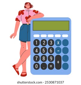 Conceitos de jovem empresária. Profissional feminina confiante com uma calculadora gigante descreve a experiência financeira. Gestão financeira, competências de planeamento estratégico. Ilustração vetorial.