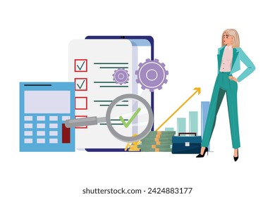 Joven empresaria realiza una auditoría rodeada de lupa, dinero, aplicación móvil, calculadora, maletín y tablas de crecimiento.  Análisis, planificación estratégica y concepto de negocio 