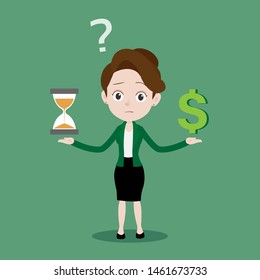 Young businesswoman is confused to choose between time or money, Cartoon vector illustration