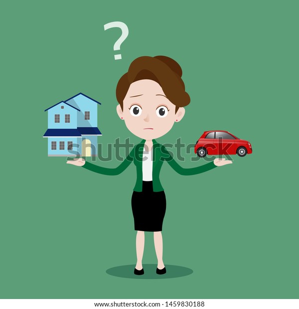 Young businesswoman is confused to\
choose between home or car, Cartoon vector\
illustration
