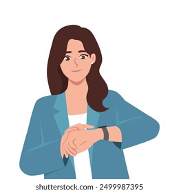 Young Businesswoman corporate checking the time on wrist watch. Flat vector illustration isolated on white background