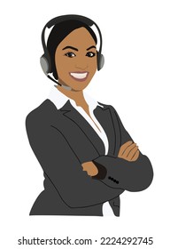 Joven empresaria, representante de servicio al cliente con auriculares. Trabajador del centro de llamadas. Chica sonriente con ropa de oficina. Bonita caricatura femenina vector ilustración realista aislado.