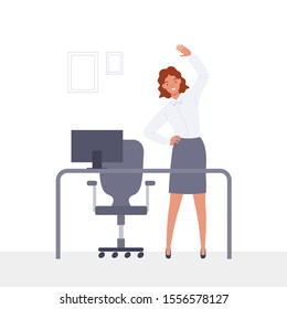 Young businesswoman doing exercises at workplace. Vector illustration in a flat style