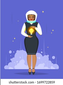 Young businesswoman dressed in an office suit and astronaut helmet with light bulb, dream big concept. The birth of an idea vector illustration