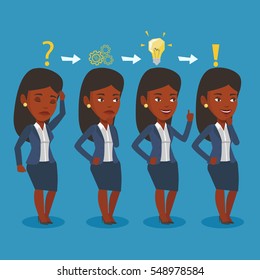 Young businesswoman during business planning. An african-american businesswoman working on a new business plan. Business planning concept. Vector flat design illustration. Square layout.