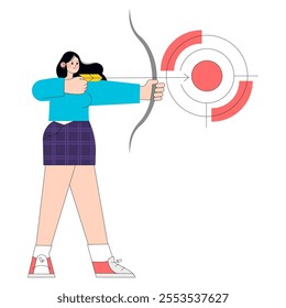 Young businesswoman focuses on target achievement with precision in a modern, flat-style vector illustration.