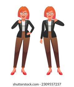 A young businesswoman with glasses shows a gesture of approval and disapproval. Likes and dislikes. Good and bad. Vector illustration in cartoon style on a white background.