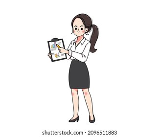 Young businesswoman holding board explaining chart idea presentation hand drawn cartoon art illustration