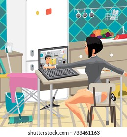 Young businesswoman holding business conference using laptop with her kitchen. Flat cartoon vector illustration