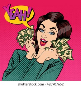 Young Businesswoman Holding Cash. Woman with Dollars in her Hands. Pop Art. Vector illustration