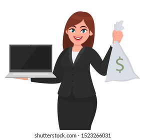 Young businesswoman holding a new brand laptop and showing cash, money bag with dollar sign. Female character design illustration. Gadget technology, payment, banking concept in vector cartoon style.