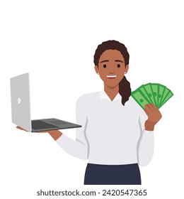 Young businesswoman holding a new brand laptop and showing cash, money or currency notes. Flat vector illustration isolated on white background