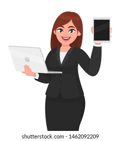 Young businesswoman holding a new digital laptop computer and showing tablet. Female character design illustration. Modern lifestyle, gadget, technology concept in vector cartoon style.