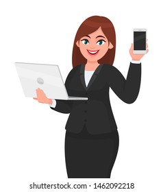 Young businesswoman holding a new digital laptop computer and showing mobile or smartphone. Female character design illustration. Modern lifestyle, gadget, technology concept in vector cartoon style.