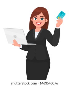 Young businesswoman holding a new digital laptop computer and credit, debit or ATM card. Female character design illustration. Modern lifestyle, gadget, technology concept in vector cartoon style.