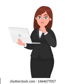 Young businesswoman holding a new digital laptop computer and asking to make silence. Keep quiet. Sh! Female character design illustration. Woman finger with on lips concept in vector cartoon style.