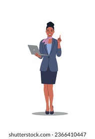 Young businesswoman holding and using laptop. Vector flat style cartoon  illustration