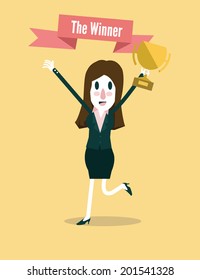 Young businesswoman holds the Winners Trophy. Business Successful and leadership concept. vector illustration