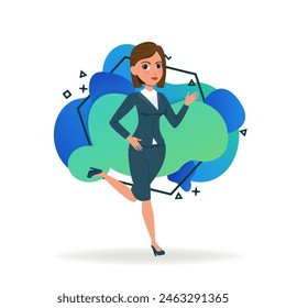 Joven empresaria de prisa. Personaje femenino de dibujos animados en ropa formal corriendo para trabajar en la oficina. Ilustración vectorial plana. Negocio, concepto de trabajo para Anuncio, diseño de Sitio web o página de destino