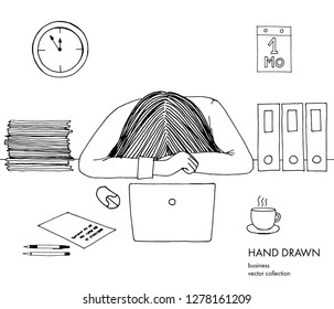 Young businesswoman laid her head down on the table. Frustrated, exhausted, sleepy, tired of work. Laptop, computer, pc, papers, coffee. Hand drawn black white line vector sketch illustration isolated