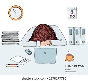 Young businesswoman laid her head down on the table. Frustrated, exhausted, sleepy, tired of work. Laptop, computer, pc, papers, coffee. Hand drawn vector sketch illustration isolated on white