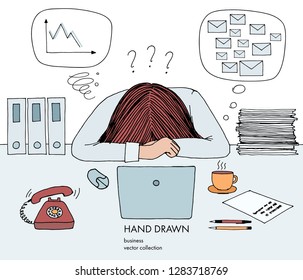 Young businesswoman laid her head down on the table. Telephone rings, a lot of inbox mails, bad schedule, no idea what to do. Hand drawn vector sketch illustration isolated on white background