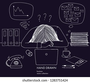 Young businesswoman laid her head down on the table. Telephone rings, a lot of inbox mails, bad schedule, no idea what to do. Hand drawn white on black vector sketch illustration isolated