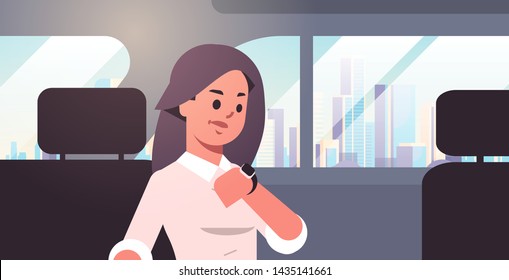 Young Businesswoman Looking At Clock Checking Time Business Woman Car Passenger Sitting On Back Seat In Taxi Cab City Transportation Service Concept Flat Portrait Horizontal