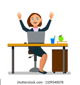 Young businesswoman looks at laptop screen with expression of joy and excitement. Vector illustration in a flat style.