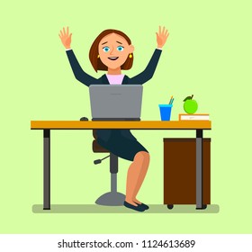 Young businesswoman looks at laptop screen with expression of joy and excitement. Vector illustration in a flat style.