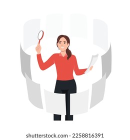 Young businesswoman with magnifying glass search for new career opportunities. Smiling female employee with magnifier discover papers and documents for employment. Flat vector illustration